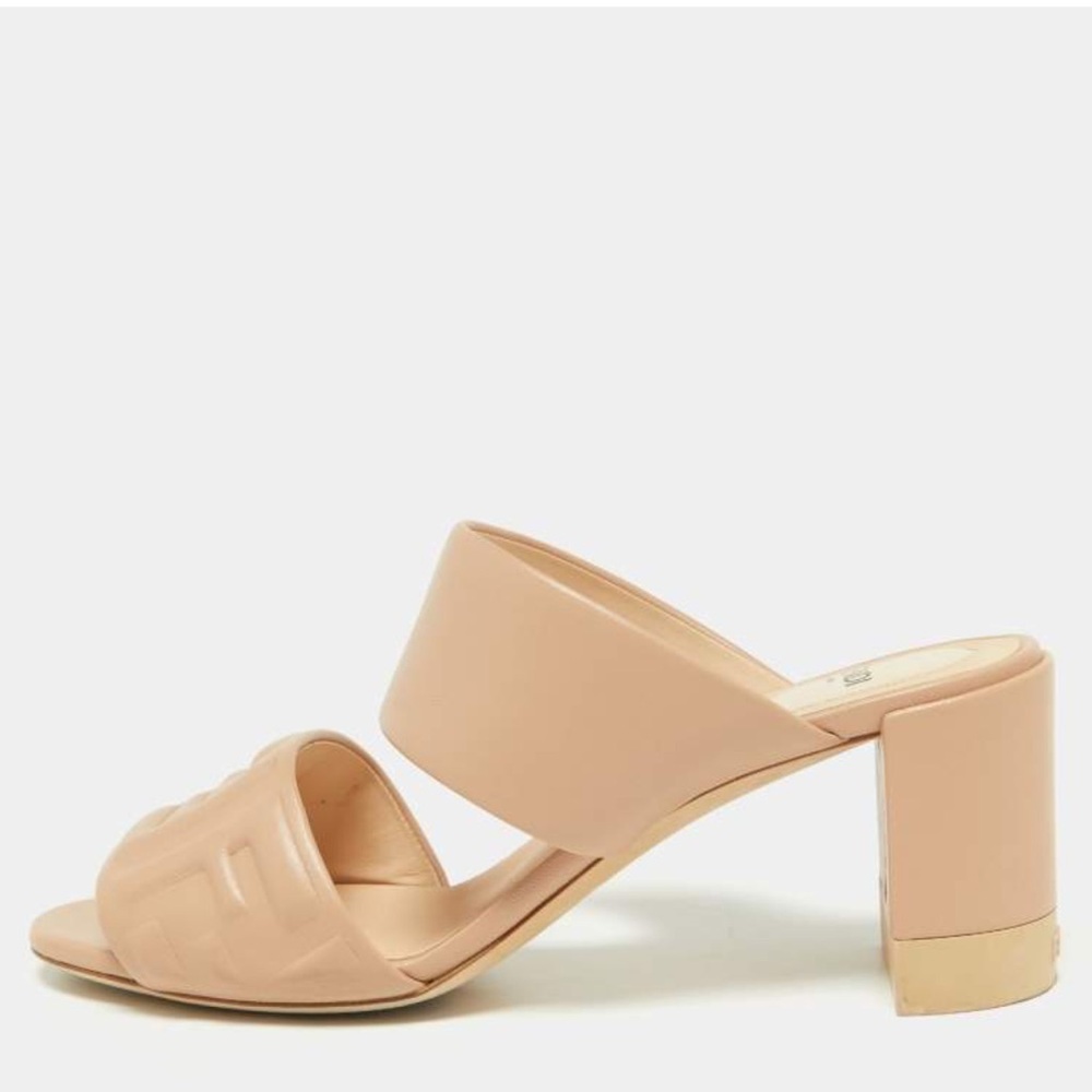 Fendi Nude Leather Block Heel Sandals